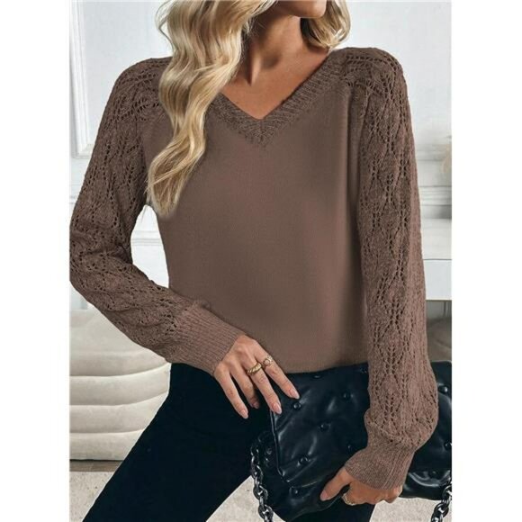 Womens Crochet Sweater Lightweight V Neck Long Sleeve Summer Pullover Top - Picture 3 of 6